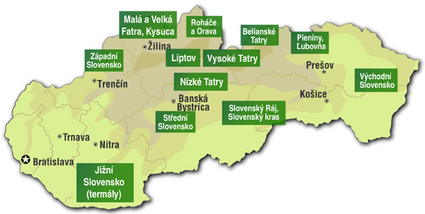 Mapa oblastí pro ubytování na Slovensku